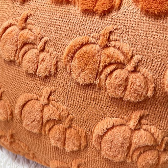 Booque Valley Pumpkin Pillow Covers Set of 2 Soft Plush Faux Fur Wool Fall Decorative Throw Pillowcases for Halloween Autumn Farmhouse Home Decor, 20 x 20 inch, Orange