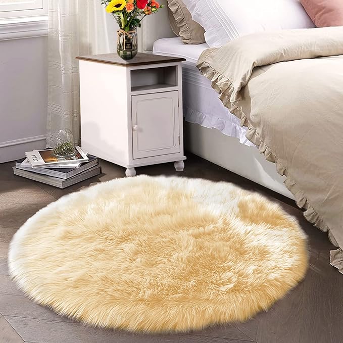Latepis Yellow Round Rug for Living Room Faux Sheepskin Round Rugs 6ft Circle Fur Rugs for Bedroom Fuzzy Plush Rug Cute Home Décor