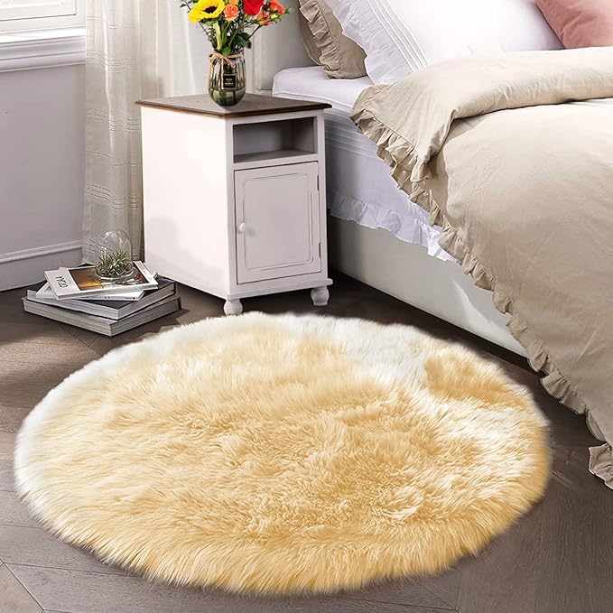 Latepis Yellow Rug for Bedroom Circle Faux Sheepskin Fur Round Rugs 5ft Furry Fluffy Rug for Bedroom Bedside Cute Home Decor
