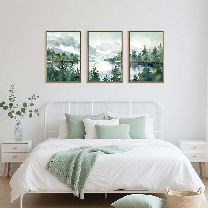 Celestdeco Watercolor Mountain Framed Canvas Wall Art Set, Boho Forest Wall Decor, Nature Green Pines Wall Painting, Forest Wilderness Artwork for Living Room, Bedroom, Dining Room, Office - 24"x36"x3