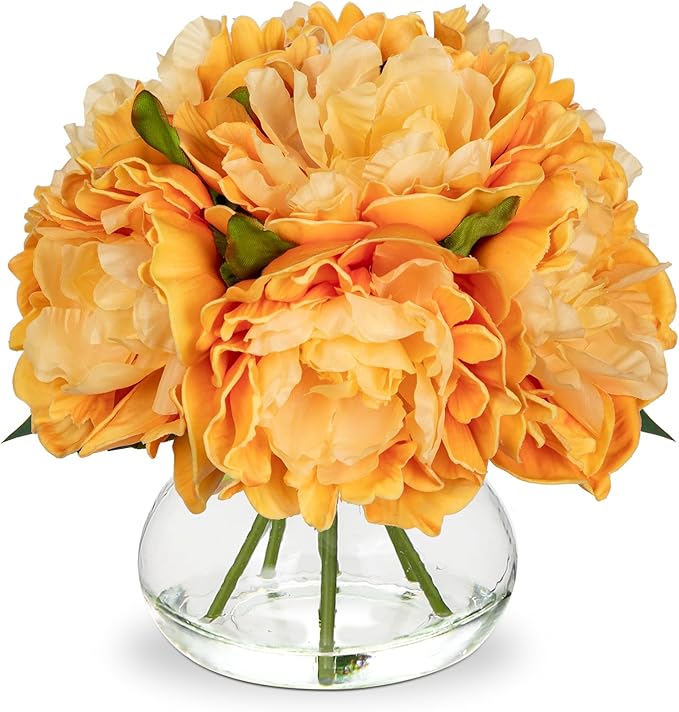 Hollyone Orange Peonies Fall Flowers Artificial for Decoration in Vase Faux Flowers Autumn Peony Silk Flower Arrangements with Glass Vase with Fake Water Table Centerpiece Fall Decorations for Home