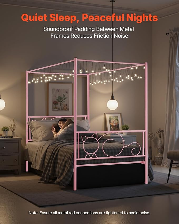 VEVOR Canopy Bed Frame Twin Size, Metal Canopy Bed with Minimalist Headboard & Four Posters Design, Heavy Duty Steel Slats Support, Underbed Storage Space, No Box Spring Needed, Easy Assembly, Pink