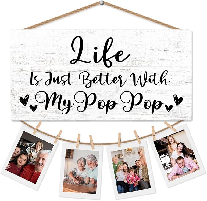 Pop Pop Gifts Picture Frame Photo Holder for Wall, Fathers Day Papa Gifts for Poppy Grandpa, Thank You Grandfather Papa Gift from Grandchildren Grandkids Hanging Photo Display