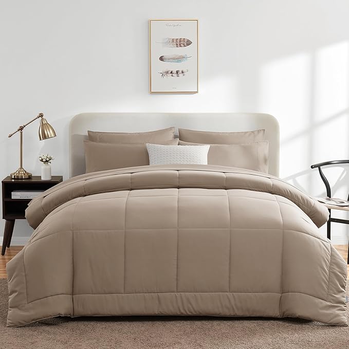 CozyLux King Size Comforter Set Khaki, 7 Pieces Bed in a Bag, Khaki Comforter King Size, All Season Bedding Sets with Stitch Quilted Comforter, Flat Sheet, Fitted Sheet, Pillowcases