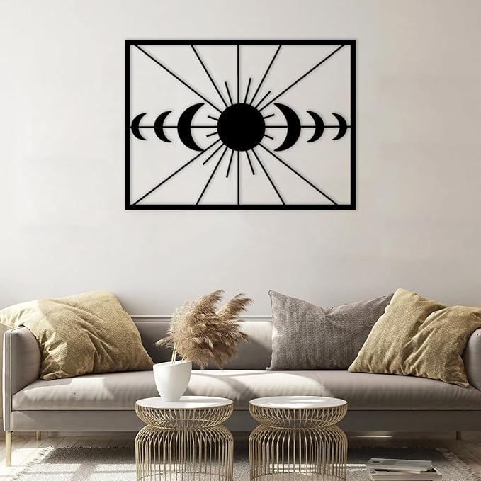 Metal Moon Phase Wall Decor - Sun and Moon Outdoor Wall Art, Set of Moons Artwork for Bedroom, Living Room, Office (White, 47x35in|120x89cm)