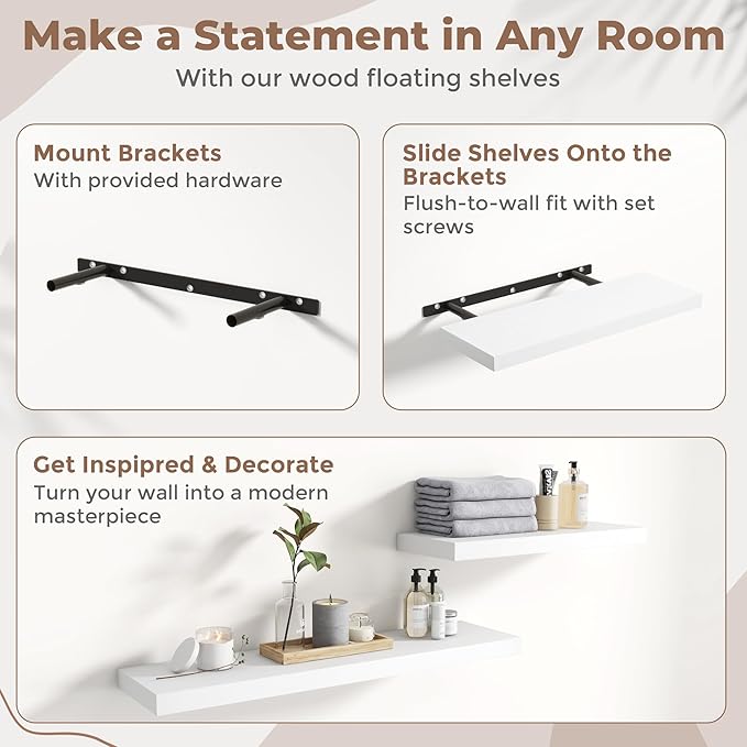 8 Inch Square Floating Shelves for Wall 3 Pack, 8"D Wood Grain Bathroom Shelves with Invisible Brackets, Easy Install Engineered Wood Storage Shelves for Kitchen, Living Room, Bedroom, White Finish