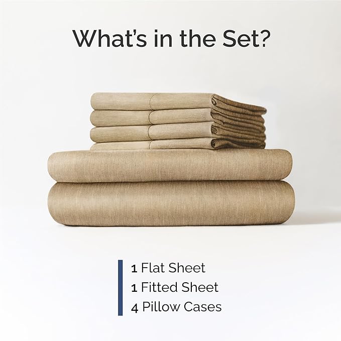 Full Sheets Set 6 Piece - Includes 4 Pillowcases - Bed Sheets Full Size - Soft Hotel Luxury Bedding - Cooling, Comfy & Breathable - 1 Flat & 1 Fitted & 4 Pillowcases w/ Deep Pockets - Heathered Tan