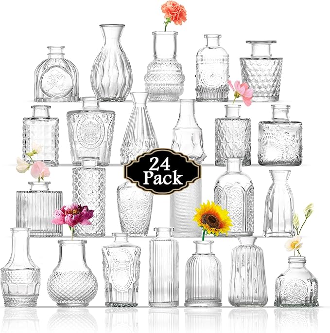Bud Vases in Bulk 24, Small Vase for Flowers, Glass Vase for Centerpieces, Small Flower Vases for Centerpieces, Mini Vases, Vintage Vase, Clear Bud Vases for Wedding Table Decor