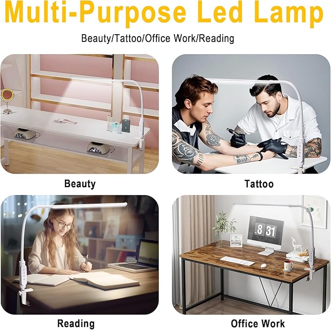 CGBE Nail Light for Desk: 360° Adjustable Nail Lamp for Desk with 3 Color Modes 5 Brightness, 23.6-Inch Led Desk Lamp for Salon Manicurist Tattoo Crafts Sewing Work Reading Game