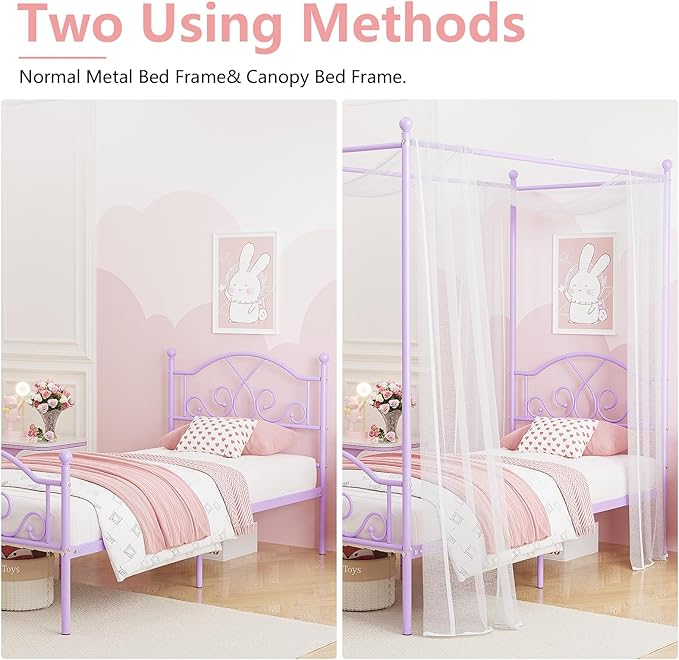 Weehom Princess Canopy Bed Frame with 4 Posters, Sturdy Metal Platform with Headboard&Footboard No Box Spring Needed Twin Size Bed for Kids Girls Adults,Purple