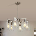 6-Light Modern Farmhouse Brushed Nickel Chandelier, Dining Room Light Fixture Over Table Adjustable Height Hanging Industrial Pendant Lights Kitchen Island, Clear Glass Shade