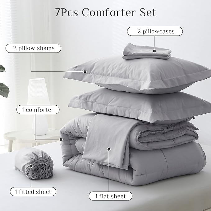 JOLLYVOGUE Full Comforter Set, Ultra-Soft Bed in a Bag Full Size 7 Pieces, Oeko-TEX Certified Bedding Set with Down Alternative Comforter, Sheets, Pillowcases & Shams, Light Grey