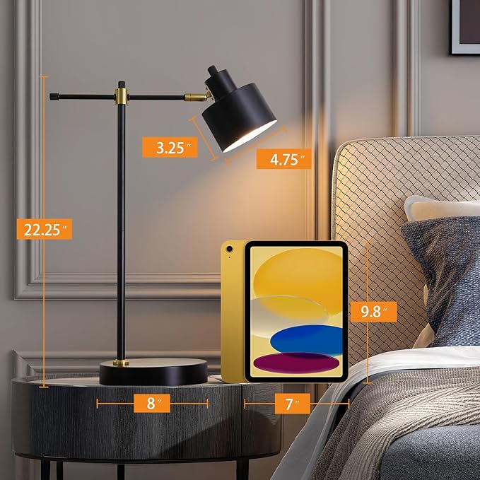 OYEARS Modern Industrial Desk Lamp for Reading LED 22.2“ Metal Table Lamp Light for Office Bedroom Study Room Living Room Nightstand Bedside Lamps Gold and Matte Black Accent (Black, Bulb Included)