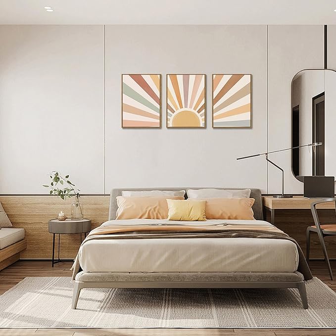 Bwodke Boho Wall Art, Framed Abstract Wall Art, Sun Rising on the Horizon Neutral Canvas Wall Decor, Mid Century Geometric Pictures Set of 3, Minimalist Paintings, for Bedroom Living Room Bathroom 16"x24"