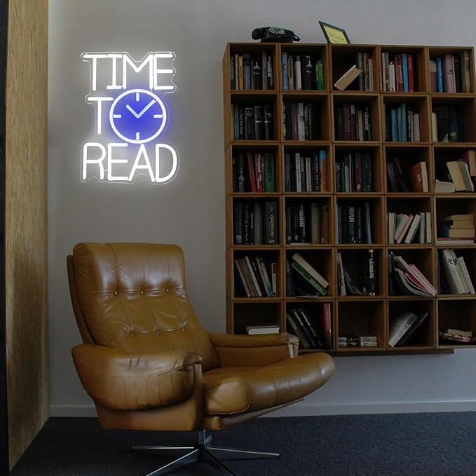 Time To Read Neon Sign Read Books Neon Light White Letter LED Signs Blue Clock Neon Read Light Up Sign for Bedroom Classroom Library Reading Corner Bookstore Decor