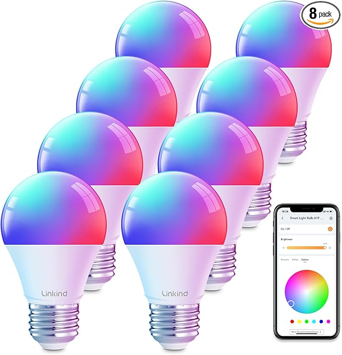Linkind WiFi Smart Light Bulbs, Alexa Light Bulb Work with Alexa, Google Home, RGBTW 16 Million Color Changing Light Bulbs Dimmable, Mood Lighting, 2.4GHz Only, A19 E26 WiFi Bulb 60W 800LM 8 Pack