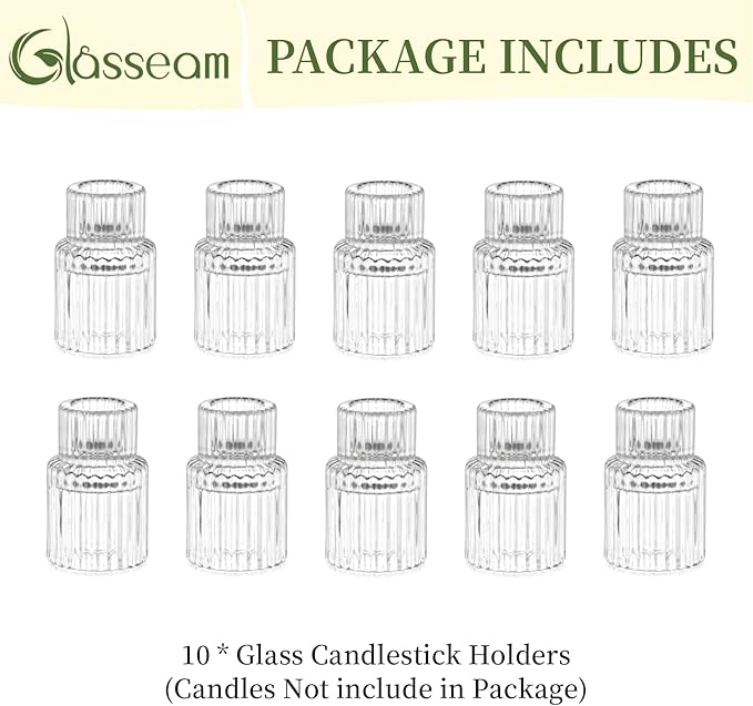 Glasseam Small Candle Stick Holder: Crystal Clear Glass Candle Holder Set of 10, Modern Taper Candle Holders for Table Centerpiece, Ribbed Tapered Candlestick Holders for Dining Room Decoration