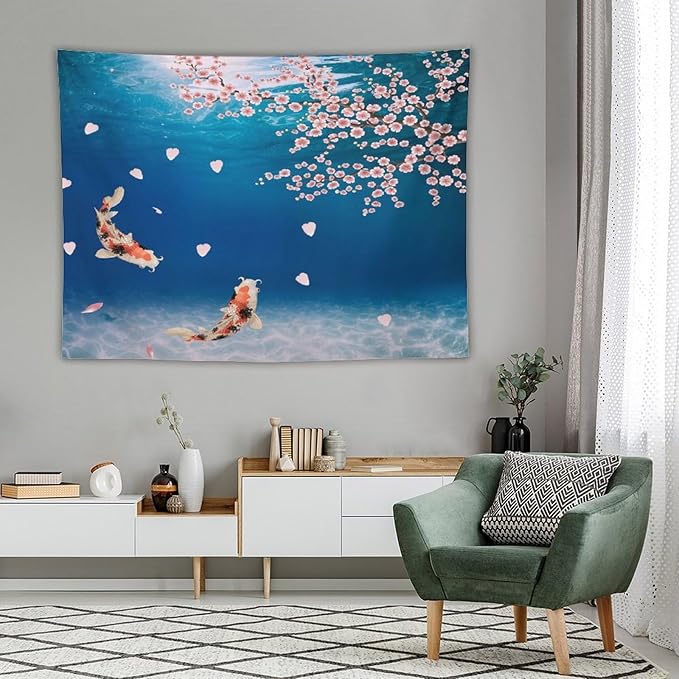 Japanese Koi Fish Tapestry, Cherry Blossoms Asian Oriental Blue Floral Branch Koi Fish Carp Tapestries Wall Hanging for Bedroom Living Room Office Decor 80"x60"