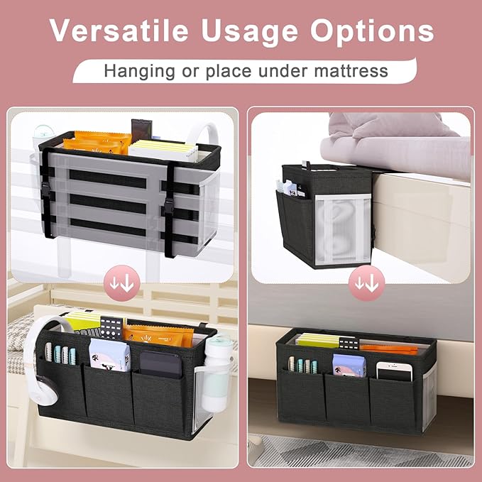 Dual-purpose Bedside Caddy Bedside Organizer, Bed Caddy with 6 Pockets, Versatile Bedside Storage Solution Magazine Remotes holder, ideal for Home, Dorm, Hospital, Crib Bed (Black 2 pcs)
