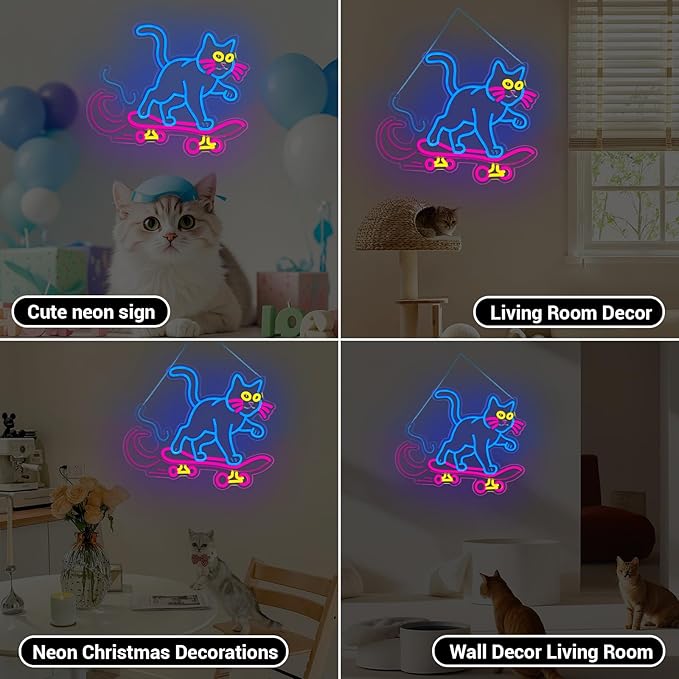 Cute Cat Neon Sign, Skateboard Neon Signs for Wall Decor Dimmable USB Room Decor for Teen Girl, Party, Bedroom, Pub, Furniture, Gifts for Birthday, Christmas (Cool Cat-Blue)