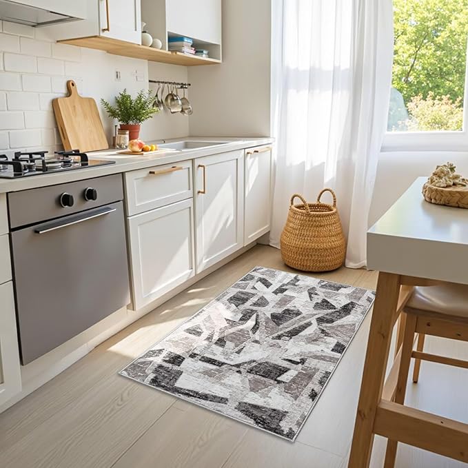 Modern Abstract Door Mat Indoor Entrance 2X3 Front Porch Area Rug Washable, Non-Slip Small Grey Rugs for Entryway Bathroom Ultra-Thin, Throw Carpet for Kitchen Bedroom Nursery Kids Print Faux Wool