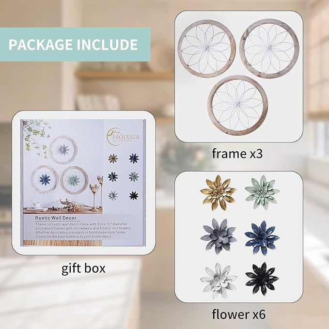 Paquesta 3 Piece Round Farmhouse Wall Decor with 6 Piece Interchangeable Flowers 12'' Medallion Wood & Metal Rustic Wall Art for Living Room Bedroom Kitchen Bathroom Dining Room Home Decorations