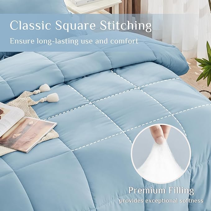 JOLLYVOGUE Full Comforter Set, Ultra-Soft Bed in a Bag Full Size 7 Pieces, Oeko-TEX Certified Bedding Set with Down Alternative Comforter, Sheets, Pillowcases & Shams, Lake Blue