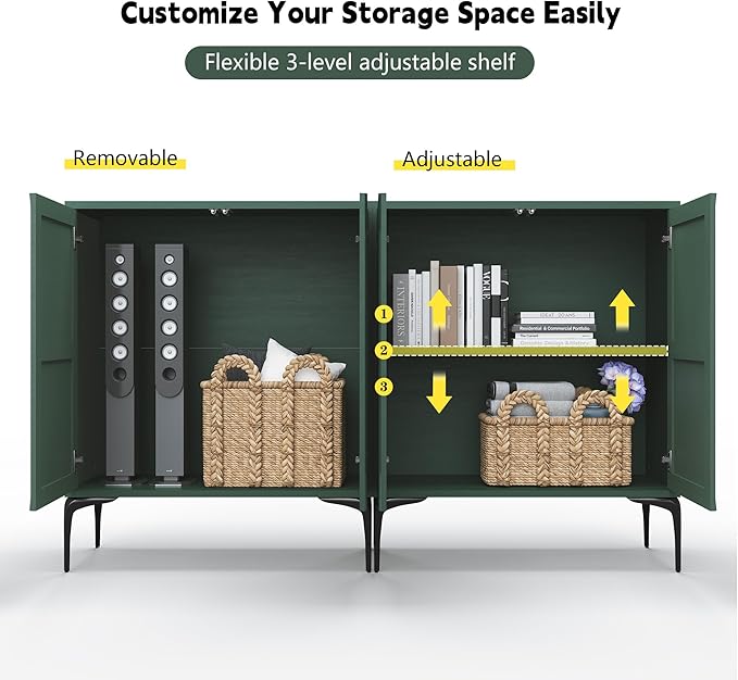 3More Accent Cabinet with 2 Doors,Sideboard Buffet Cabinet with Iron Legs and Adjustable Shelf,3D Lattice Design for Living Room, Entrance, Dining Room,Green