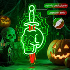 Halloween Skull Neon Sign with Dagger & Web Design,Skull Neon Sign For Halloween,Spooky LED Wall Light for Halloween Party Decor,Gothic Horror Neon Skull Light for Bar,Bedroom,Man Cave