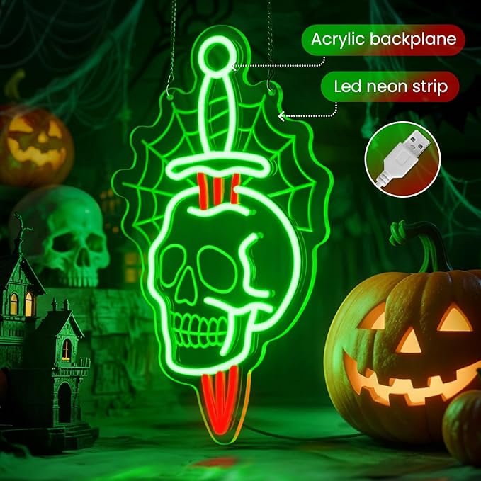 Halloween Skull Neon Sign with Dagger & Web Design,Skull Neon Sign For Halloween,Spooky LED Wall Light for Halloween Party Decor,Gothic Horror Neon Skull Light for Bar,Bedroom,Man Cave
