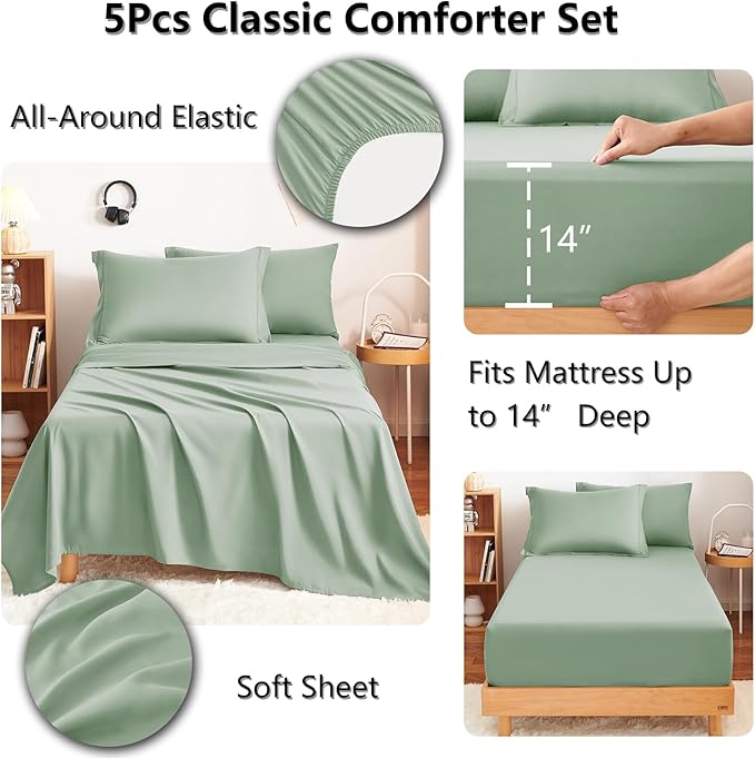 CozyLux Twin Comforter Set with Sheets Sage Green - 5 Pieces Bed in a Bag Twin, All Season Bed Set for Girls and Boys, Bedding Set with Down Alternative Comforter, Sheets, Pillowcase & Sham