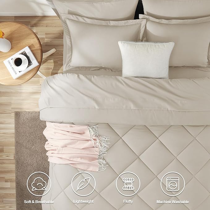 CozyLux Oversized King Comforter Set Beige - 7 Pieces Bed in a Bag Comforter Set with Sheets, Luxury Soft Bed Set All Seasons, Bedding Set with Down Alternative Comforter, Sheets, Pillowcases & Shams
