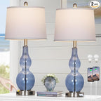 27.5" Coastal Blue Glass Double Gourd Table Lamp Set of 2,3-Way Dimmable Touch Control Bedside Lamps with USB Ports and AC Outlet, Nautical Nightstand Lamps for Bedroom Living Room