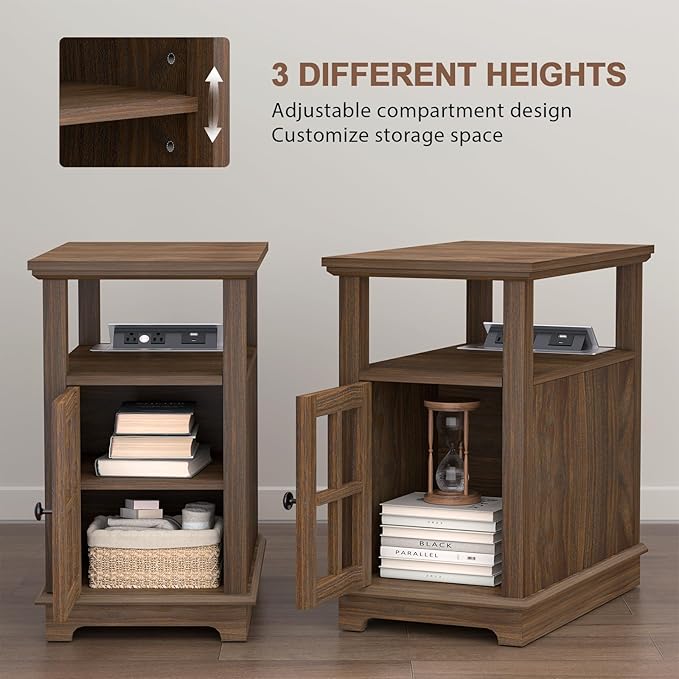 HIFYOBRO Narrow End Table with Flip Top Charging Station, Side Table Living Room, Adjustable Shelf & Power outlets, Bedside Table with Storage for Bedroom