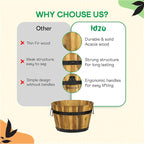 IDZO Set of 3 Wooden Flower Planters for Outdoor Plants, Acacia Wood Barrel Planters, Ergonomic Handles, Drainage Holes, Various Sizes, Golden Teak