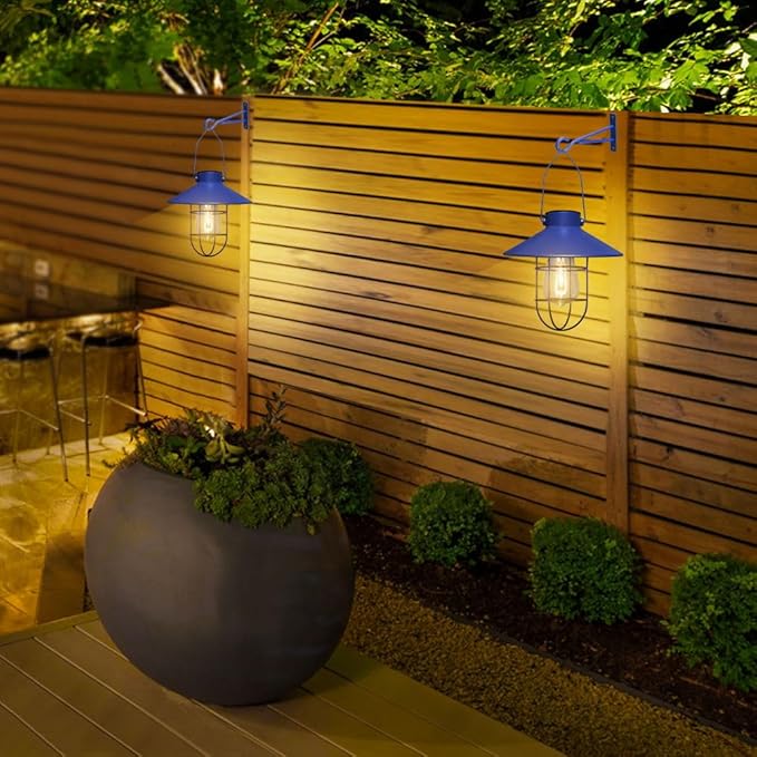 pearlstar Solar Lantern Outdoor Hanging Light Metal Farmhouse Solar Lamp with Warm White Edison Bulb Design for Garden Yard Patio Proch Decor(Blue)