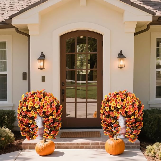 Artificial Fake Fall Hanging Flowers Plants for Outdoor Outside Decoration, 2 PCS Faux Silk Morning Glory Trailing Vines UV Resistant for Wall Home Porch Patio Party Decor (Fall Orange+Yellow)