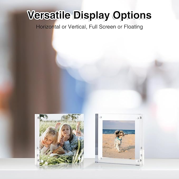 HOUSE DAY Acrylic Picture Frames 4x4, 1 Pack Magnetic 4 x 4 Picture Frame, Double Sided Clear 4x 4 Photo Frame with Microfiber Cloth, Frameless FreeStanding 4x4 Frame Gift for Desktop Display