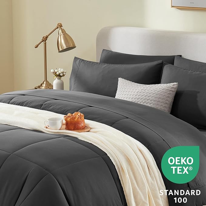 CozyLux Full Size Comforter Sets Dark Grey, 7 Pieces Bed in a Bag, Dark Grey Comforter Full Size, All Season Bedding Sets with Stitch Quilted Comforter, Flat Sheet, Fitted Sheet, Pillowcases