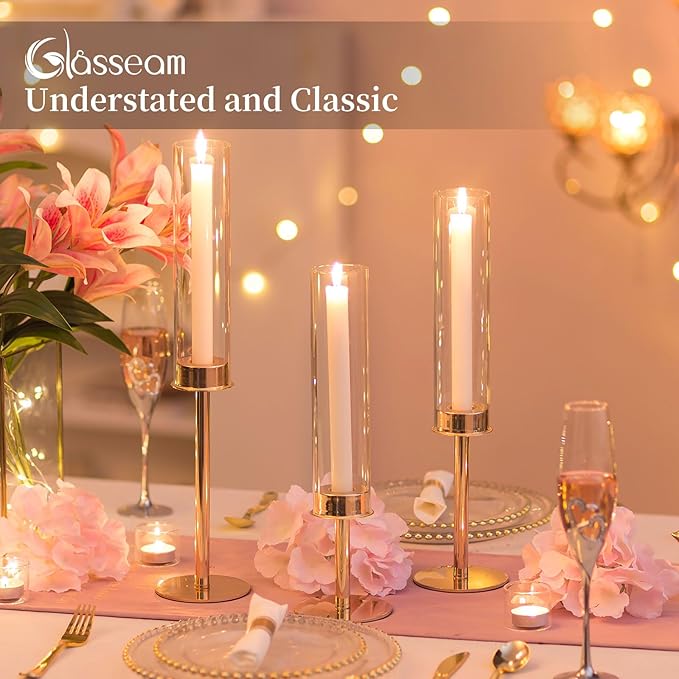 Glasseam Hurricane Gold Candlestick Holder, Set of 6 Tall Candle Stick Candle Holder with Hurricane Chimney, Modern Taper Candle Holder for Table Centerpiece Wedding DiningTable Christmas Decor