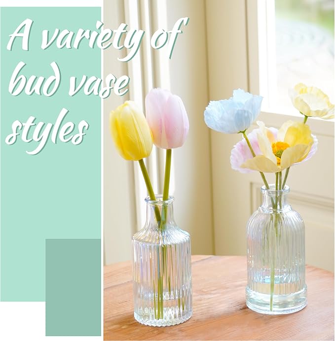 Bud Vases Set of 12, Iridescent Glass Vase for Decor Centerpieces, Small Vases for Flowers, Clear Irised Flower Vase Ribbed Modern Bud Vases in Bulk, Colorful Vases for Wedding Party Table Decoration