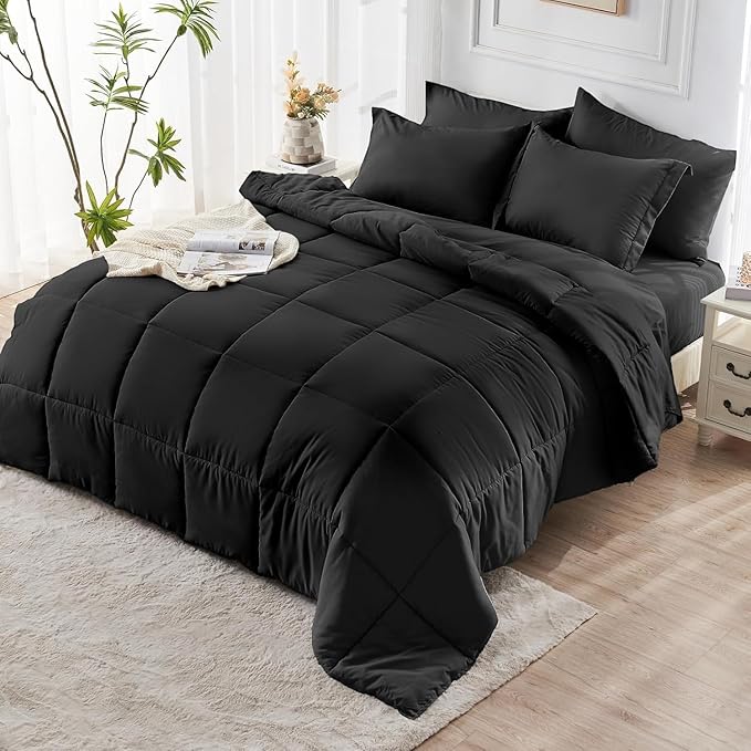 JOLLYVOGUE King Comforter Set, Ultra-Soft Bed in a Bag King Size 7 Pieces, Oeko-TEX Certified Bedding Set with Down Alternative Comforter, Sheets, Pillowcases & Shams, Black