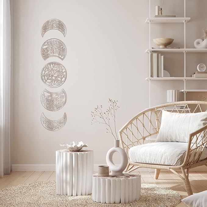 Jetec 5 Pcs Moon Phase Wall Art Decor Wall Pediments Hanging Wooden Moon Phase Spiritual Bedroom Nordic Boho Lunar Aesthetic Art for Living Room Dorm Apartment Bar Ornament(Vintage Color,10.6 Inch)