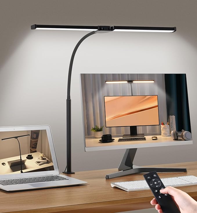 Led Desk Lamp for Home Office, Eye-Care Architect Light with Clamp, Smart Double Head Computer Monitor Table Clip Lamp, Adjustable Flexible Gooseneck, 25 Lighting Models, Task Lamp, Black