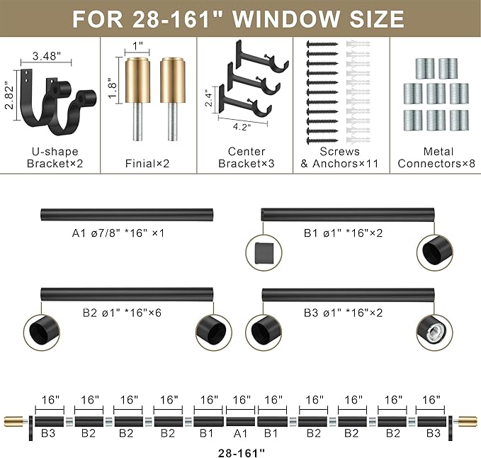 Curtain Rods for 28-161” Windows, Splicing Construction, 1” Adjustable Drapery Rod with Aluminum Alloy Brackets and Finials for Window, Sliding Door, Patio, Living Room Decoration, Matte Black&Gold