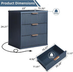 LEYAOYAO Fluted Nightstand Set of 2 with Charging Station,23" Modern Nightstand with Woodgrain Top, 3 Drawer End Table w/Storage, BedsideTables for Bedroom, Living Room, Curved Profile,Blue