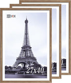 VCK 27x40 Poster Frame 3 Pack - Brown Walnut, Natural Textured Solid Wood Picture Frame, Wall Mounting Hanging
