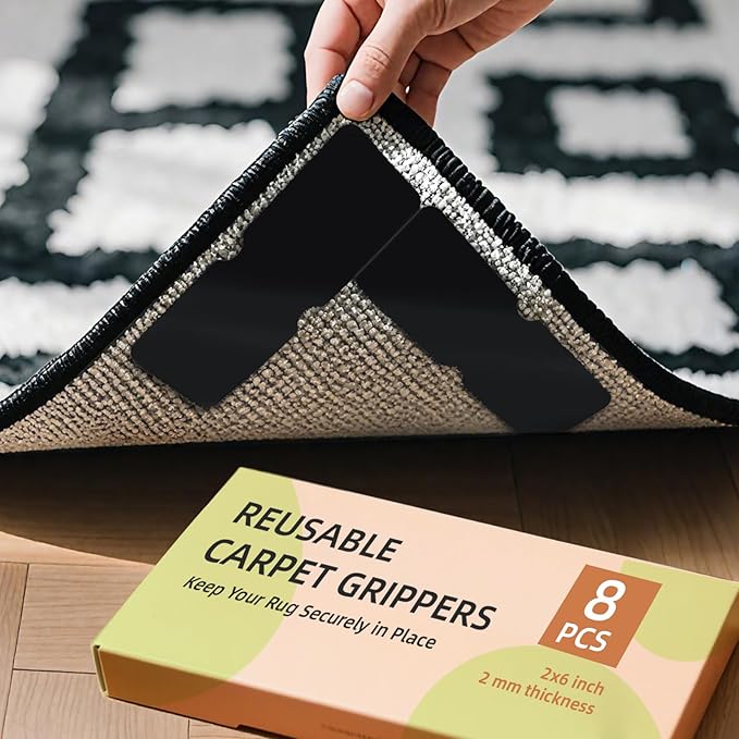Rug Carpet Non Slip Grippers 8PCS, Reusable Non-Slip Rug Pads，Double Sided Mat Corner Gripper Tape,Strong Adhesive Rug Stickers,Grippers for Area Carpet,No Damage Removable for Hardwood Floors