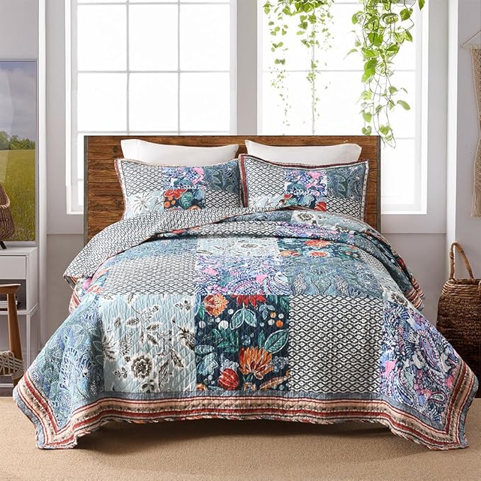 Cotton Bedspread Quilt Bedding Sets Reversible Coverlet Sets 3 Pieces Vintage Floral Blue Teal Patchwork Bedspread, King Size