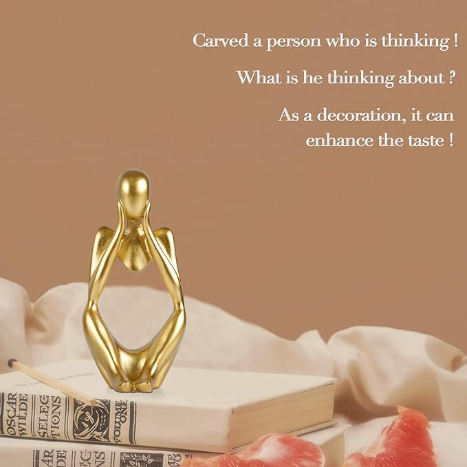 Sandstone Resin Thinker Style Abstract Sculpture Statue Collectible Figurines Home Office Bookshelf Desktop Decor (Small Gold, Focus)